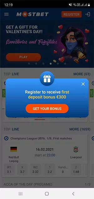 Mostbet lobby main page on Android smartphone.