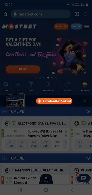 Mostbet की मुख्य पृष्ठ पर एंड्रॉइड डाउनलोड बटन।