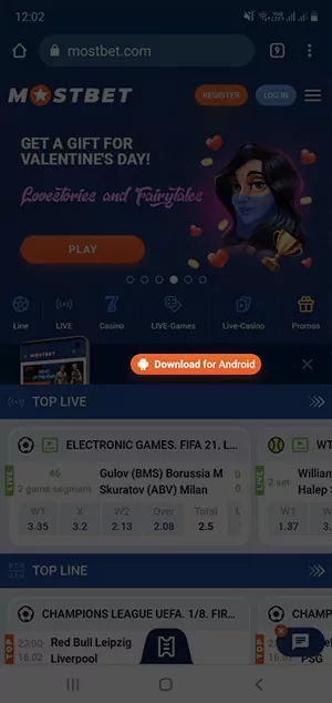 Android download button on the Mostbet homepage.