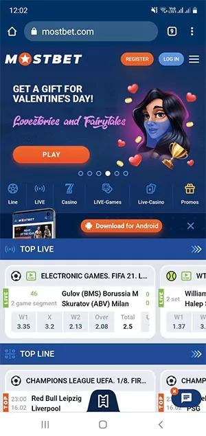 The main page of Mostbet on the Android platform.